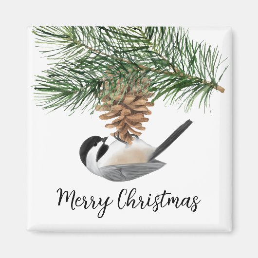 Waterverf Chickadee Pine Cone Winter Kerstmis Magneet (Voorkant)