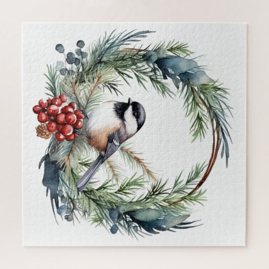 Waterverf Chickadee Schattigee Kerstvogel Legpuzzel (Horizontaal)
