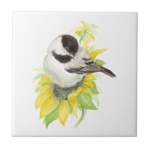 Waterverf Chickadee Sunflower Cute Bird art Tegeltje