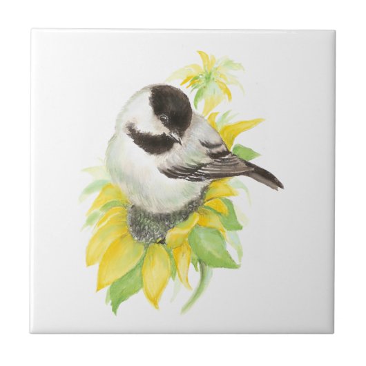 Waterverf Chickadee Zonnebloem Schattigee Vogelkun Tegeltje (Voorkant)