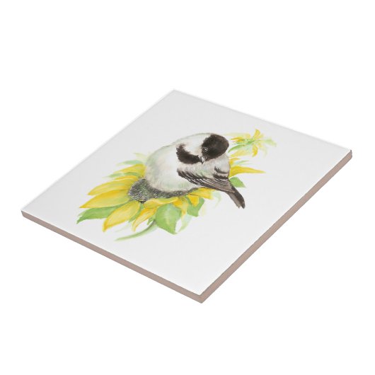 Waterverf Chickadee Zonnebloem Schattigee Vogelkun Tegeltje (Zijkant)