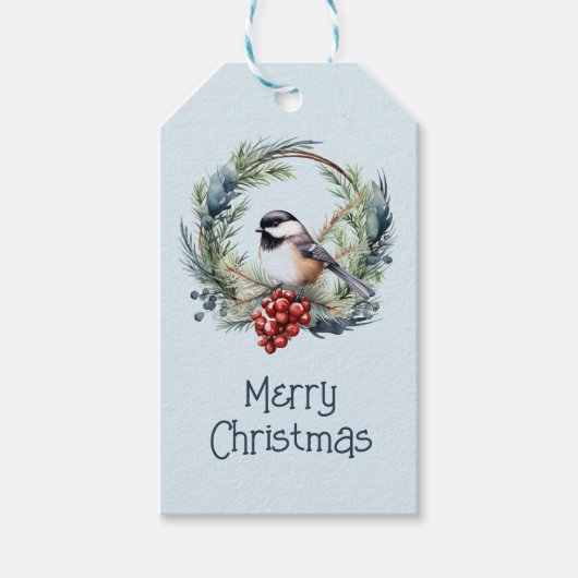 Waterverf Chickdee Vogel Ornament Kerstkunst Cadeaulabel (Voorkant)