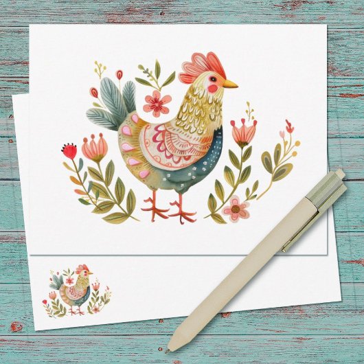 Waterverf Chicken Folk Art Stationery Notitiekaartje