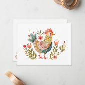 Waterverf Chicken Folk Art Stationery Notitiekaartje (Voorkant / Achterkant in situ)