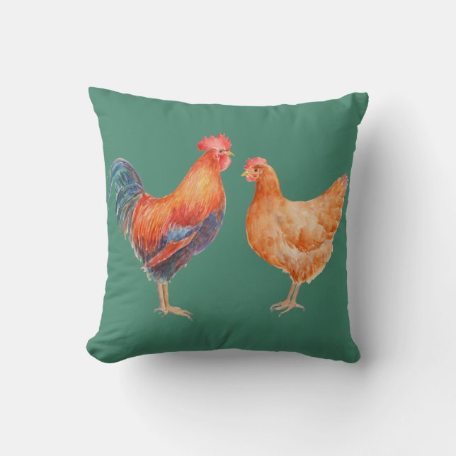 Waterverf Chicken Rooster en Hen Pillow Kussen (Voorkant)