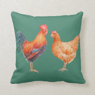 Waterverf Chicken Rooster en Hen Pillow Kussen
