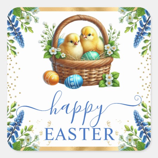 Waterverf Chicks Spring Flowers Happy Easter Vierkante Sticker (Voorkant)