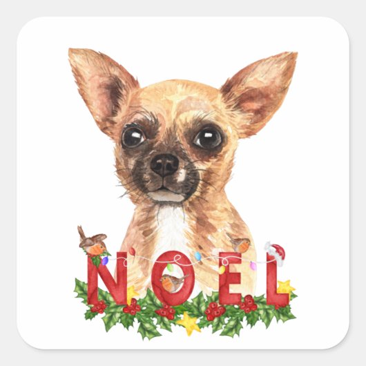 Waterverf Chihuahua Noel Kerstmis Vierkante Sticker (Voorkant)