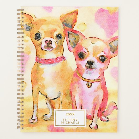 Waterverf Chihuahuas in Love Cute Pink-honden Planner (Voorkant)