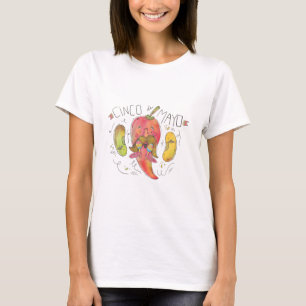 Waterverf chilipeper, bonen, cinco de mayo t-shirt