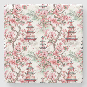 Waterverf Chinese Pagode - Kersenbloesems (10) Stenen Onderzetter