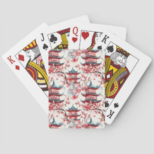 Waterverf Chinese Pagode met Kersenbloesem (8) Pokerkaarten