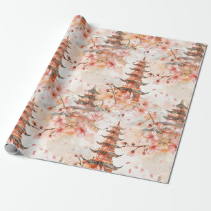 Waterverf Chinese pagode met kersenbloesems (1) Cadeaupapier