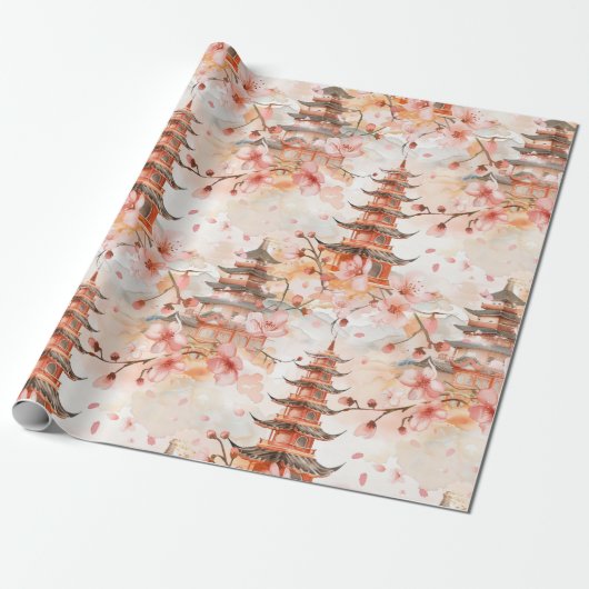 Waterverf Chinese pagode met kersenbloesems (1) Cadeaupapier (Uitgerold)