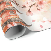 Waterverf Chinese pagode met kersenbloesems (1) Cadeaupapier (Rol Hoek)