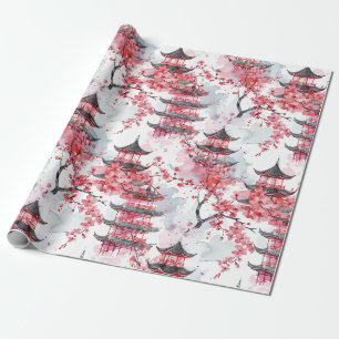 Waterverf Chinese pagode met kersenbloesems (2) Cadeaupapier