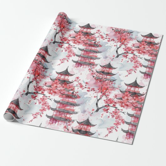 Waterverf Chinese pagode met kersenbloesems (2) Cadeaupapier (Uitgerold)