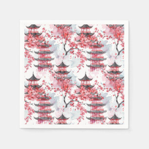 Waterverf Chinese pagode met kersenbloesems (2) Servet