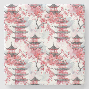 Waterverf Chinese pagode met kersenbloesems (2) Stenen Onderzetter