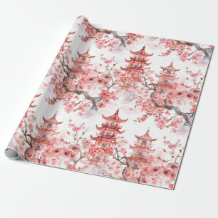 Waterverf Chinese pagode met kersenbloesems (3) Cadeaupapier