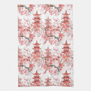 Waterverf Chinese pagode met kersenbloesems (3) Theedoek