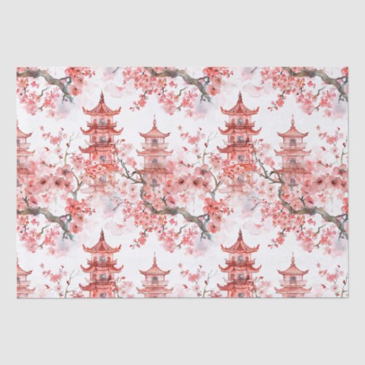 Waterverf Chinese pagode met kersenbloesems (3) Tissuepapier (Voorkant)