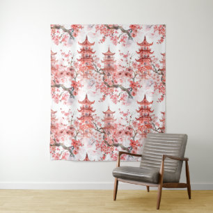 Waterverf Chinese pagode met kersenbloesems (3) Wandkleed