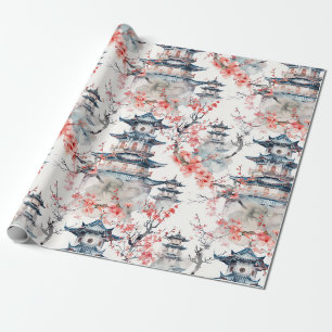 Waterverf Chinese Pagode met Kersenbloesems (4) Cadeaupapier