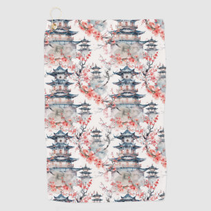 Waterverf Chinese Pagode met Kersenbloesems (4) Golfhanddoek