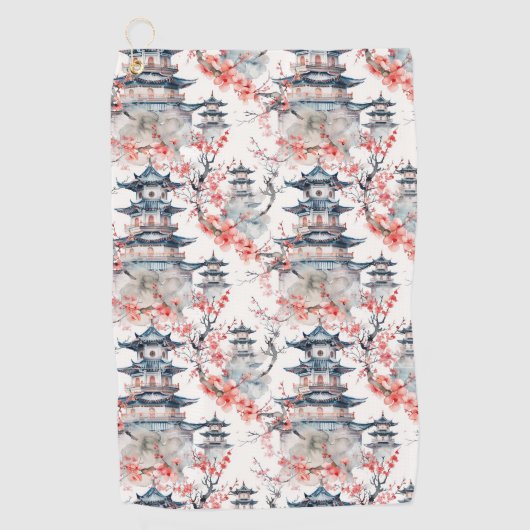 Waterverf Chinese Pagode met Kersenbloesems (4) Golfhanddoek (Voorkant)