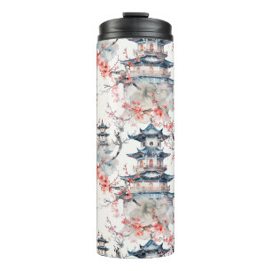Waterverf Chinese Pagode met Kersenbloesems (4) Thermosbeker