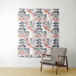 Waterverf Chinese Pagode met Kersenbloesems (4) Wandkleed