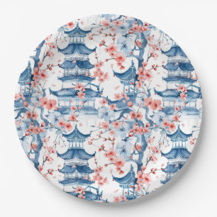 Waterverf Chinese Pagode met Kersenbloesems (5) Papieren Bordje