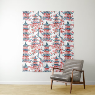 Waterverf Chinese Pagode met Kersenbloesems (6) Wandkleed