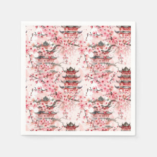 Waterverf Chinese Pagode met Kersenbloesems (7) Servet