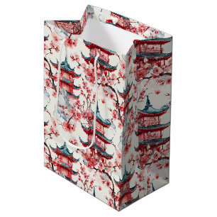 Waterverf Chinese Pagode met Kersenbloesems (8) Medium Cadeauzakje