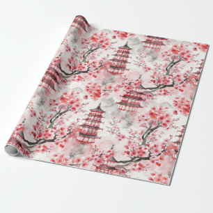 Waterverf Chinese Pagode met Kersenbloesems (9) Cadeaupapier