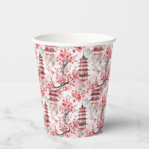 Waterverf Chinese Pagode met Kersenbloesems (9) Papieren Bekers