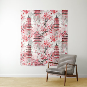 Waterverf Chinese Pagode met Kersenbloesems (9) Wandkleed