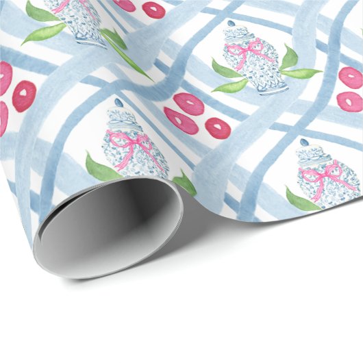 Waterverf Chinoiserie Blauw en Roze Ginger Jars Cadeaupapier (Rol Hoek)