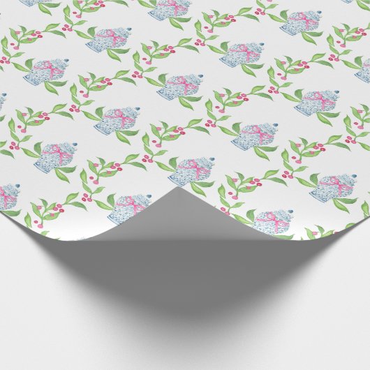 Waterverf Chinoiserie Blauw en Roze Ginger Jars Cadeaupapier (Hoek)