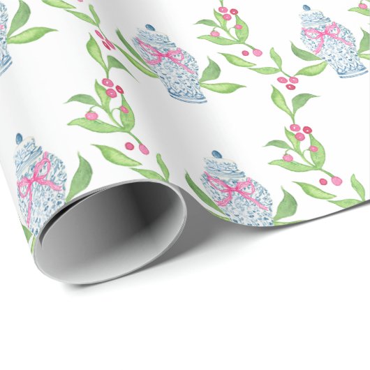 Waterverf Chinoiserie Blauw en Roze Ginger Jars Cadeaupapier (Rol Hoek)