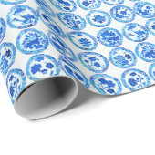 Waterverf Chinoiserie Blauwe Borden Patroon Cadeaupapier (Rol Hoek)