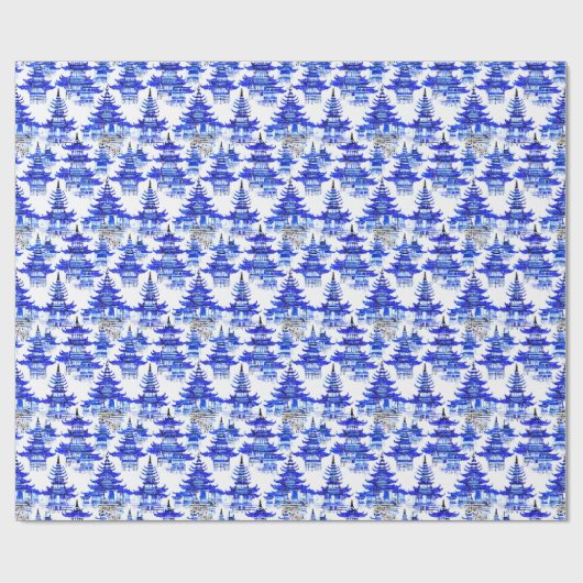 Waterverf Chinoiserie Blauwe Pagoden Cadeaupapier (Vlak)