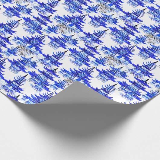 Waterverf Chinoiserie Blauwe Pagoden Cadeaupapier (Hoek)