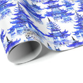 Waterverf Chinoiserie Blauwe Pagoden Cadeaupapier (Rol Hoek)