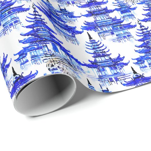 Waterverf Chinoiserie Blauwe Pagoden Cadeaupapier (Rol Hoek)