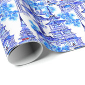 Waterverf Chinoiserie Blauwe Pagoden Cadeaupapier (Rol Hoek)