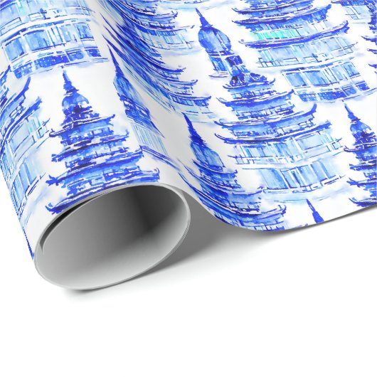 Waterverf Chinoiserie Blauwe Pagoden Cadeaupapier (Rol Hoek)