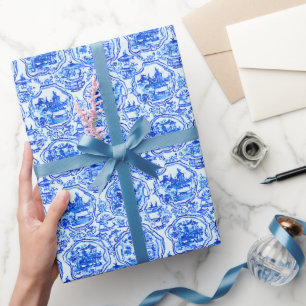 Waterverf Chinoiserie Blauwe Pagoden Cadeaupapier